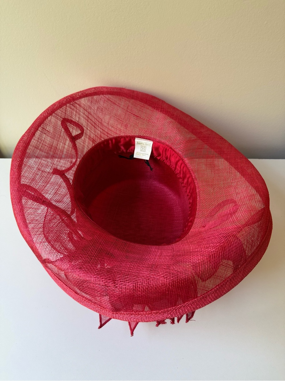 Red Satin Church Hat with Decorative Mesh Flower - Picture 3 of 4